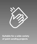 Illustration of hand using sanding paper with text 'suitable for a wide variety of paint sanding projects'