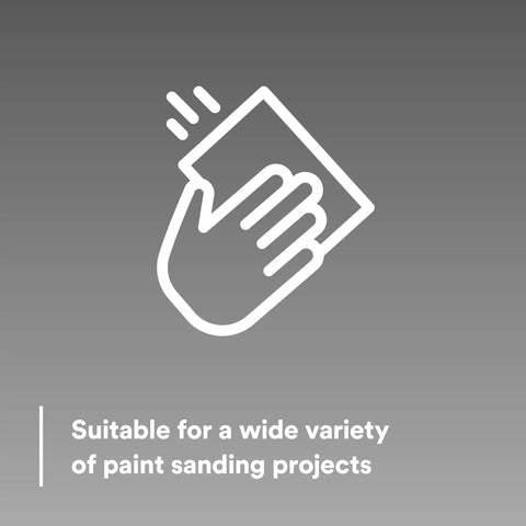 Illustration of hand using a sanding disc with text emphasizing suitability for various paint sanding projects.