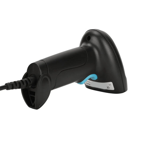 Built Tough USB Barcode Scanner For 1D 2D QR Codes, ergonomic grip, ABS construction, rear view of handheld wired device