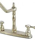 Tudor Style 8 Inch Center Kitchen Faucet With Brass Sprayer in polished brass, showing spout reach and height, 1.8 GPM flow