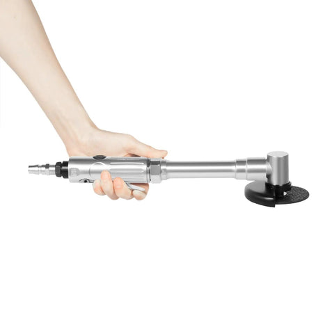Person holding 12.2 Inch Extended Reach Pneumatic Angle Grinder With 90 PSI Air Power And 25000 RPM For Tight Spots Lightweight