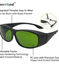 No Nonsense Laser Protective Goggles With Boss Level OD4 Shielding For Blue And IR Waves Built Tough Lab Eyewear showing green lenses and comfortable frame.
