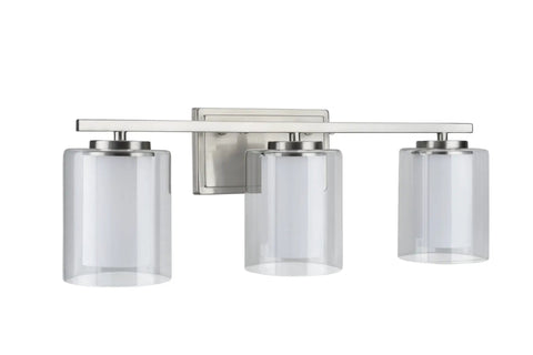 Three Light Bathroom Vanity Fixture In Satin Nickel With Clear Glass Outer Shade And White Glass Inner Shade, 23 Inch Wide Wall Mount