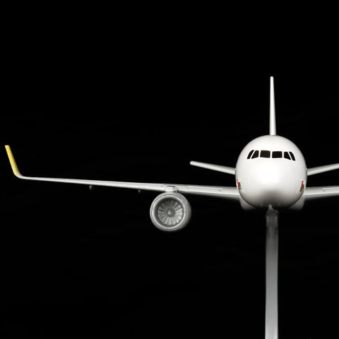 Front view of A320 1/400 Diecast Airplane Model With Alloy Fuselage 6.1 Inch Length 5.5 Inch Wingspan Includes Plastic Display Base