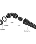 Exploded view of 90 Degree M16 Cable Gland Waterproof IP68 Nylon Joint With Adjustable Locknut And Strain Relief For 4mm-7mm Cable Wire, Rugged Nylon Connector, 2 Pack