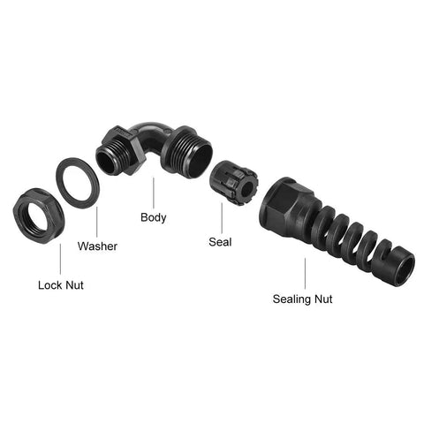 Exploded view of 90 Degree M16 Cable Gland Waterproof IP68 Nylon Joint With Adjustable Locknut And Strain Relief For 4mm-7mm Cable Wire, Rugged Nylon Connector, 2 Pack