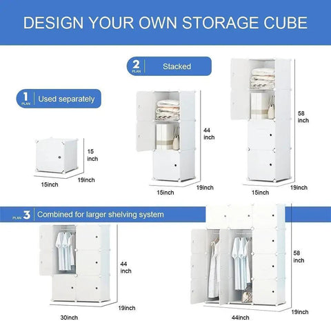 Design options for massive 12 cube storage system with 14x18x14 each for clothes DIY closet organization with doors, white.