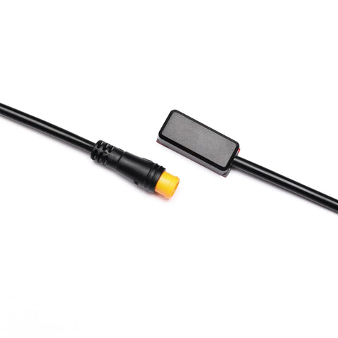 Powallon brake sensor cable for Bafang BBS eBike kits, side view; 2-pack, 30 in, yellow plug, inline module.