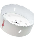 Eng Tool bi-metal hole saw, 6-1/4 in (159 mm) diameter, white-coated body with serrated cutting teeth.