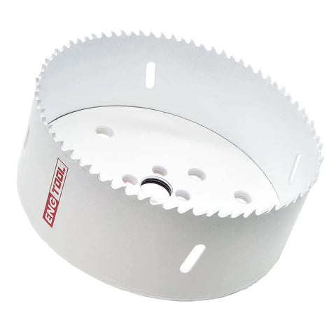 Eng Tool bi-metal hole saw, 6-1/4 in (159 mm) diameter, white-coated body with serrated cutting teeth.
