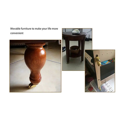 Heavy Duty Universal Caster Wheels For Furniture Cabinet With 360 Degree Swivel Solid Brass Anti Oxidation Finish shown on wooden furniture legs.