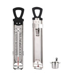 Front and back view of Stainless Steel Candy And Deep Fry Thermometer With Pot Clip And Handle, Analog Sugar Thermometer for kitchens