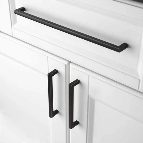 Oil Rubbed Bronze Solid Square Bar Cabinet Pull Handles Set Of 5 10 Inch 256mm Screw Hole Distance on white cabinets