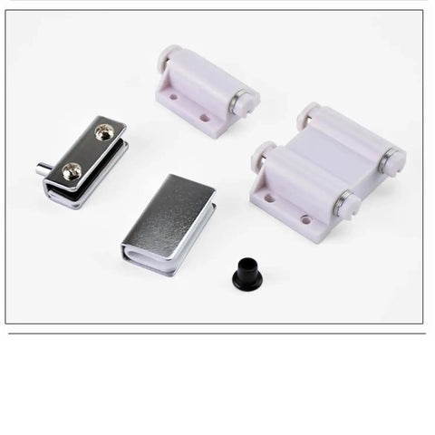 Soft Close Cabinet Door Hardware Kit With Glass Clips, Shaft Hinges and Suction Closer parts on white background