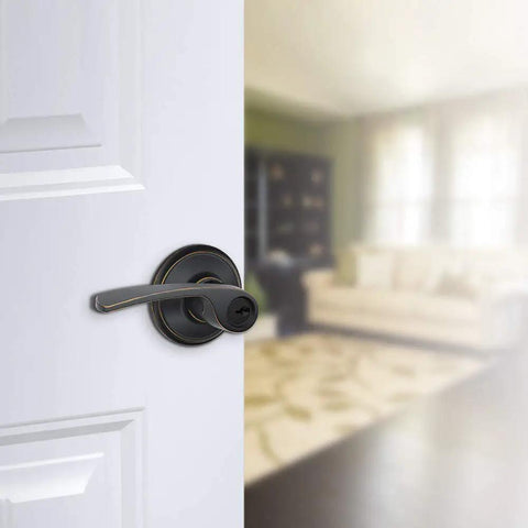Merano Lever Keyed Entry Lock In Aged Bronze Easy Install Front Door Lock With Secure Keyed Access Classic Lever Handle Durable Metal Build Plays Nice With Interior Hardware