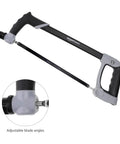 Heavy Duty 12 Inch Bi-Metal Hacksaw Blades 4 Piece Set With Super Sharp Killer Edge Cutting 5 10 18 24 Tpi Options For Built Tough Metal Wood Pipe Work And Top Shelf Diy Projects shown with adjustable handle.
