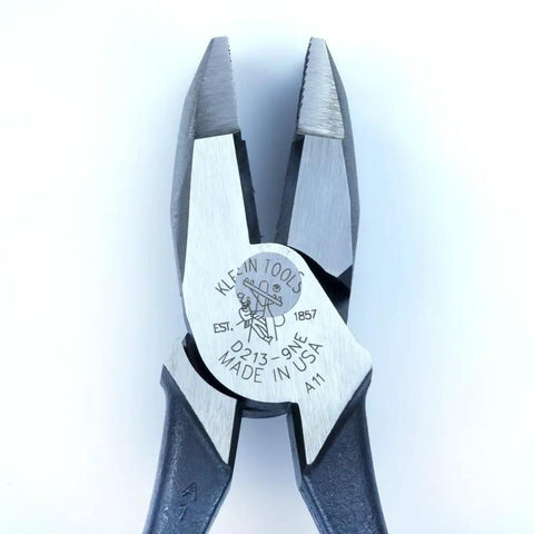Close-up of 9 Inch High Leverage Linesman Pliers For Copper Aluminum And Soft Metals, Durable Made In USA Build, showing engraved branding.