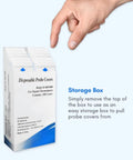 Hand reaching for box of 100 disposable probe covers for Digital Thermometer With Rigid Tip Quick 10 Second Reading For Oral Rectal Use