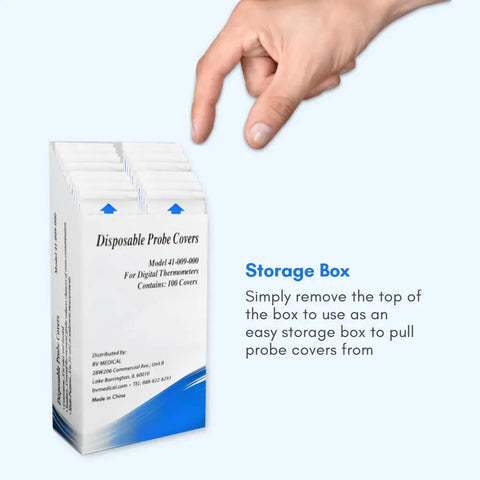 Hand reaching for box of 100 disposable probe covers for Digital Thermometer With Rigid Tip Quick 10 Second Reading For Oral Rectal Use