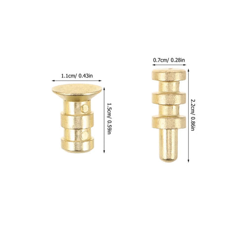 Metal Table Pins And Dowels Set For Furniture Joints And Desk, gold-finish, shown with size dimensions, for assembly and upgrades.