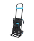 Industrial Grade Aluminum Alloy Hand Truck Featuring 500 Pound Heavy Duty Capacity For Tough As Nails Performance And Smooth Rolling Platform Dolly Cart With Extra Wide Base And Durable Construction, black with blue accents.