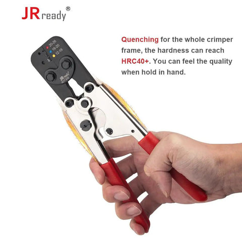 Hand holding ACT-232 Butt Splice Crimper Workhorse Tool For Crimping M81824 Series 26-12 AWG Heat Shrink Connectors