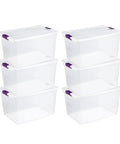 Heavy Duty Clear Plastic Storage Totes With Secure Snap Lock Lids 6 Pack 64 Quart Plus 6 Pack 66 Quart Stackable Bins, transparent bins with purple handles.