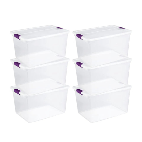 Heavy Duty Clear Plastic Storage Totes With Secure Snap Lock Lids 6 Pack 64 Quart Plus 6 Pack 66 Quart Stackable Bins, transparent bins with purple handles.
