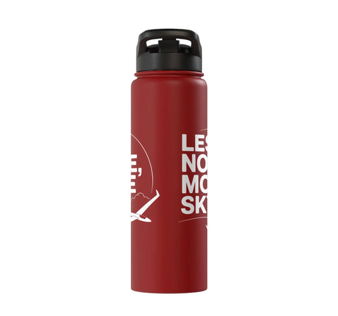 Red Stainless Steel Insulated Water Bottle For Glider Pilots And Tow Crew, Aero Tow Hydration On The Fly with black lid.
