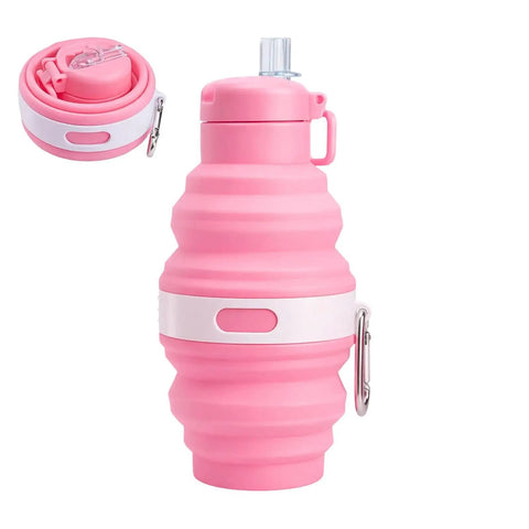 Pink foldable water bottle with leak proof locking lid for outdoor adventures portable travel flask silicone sport bottle