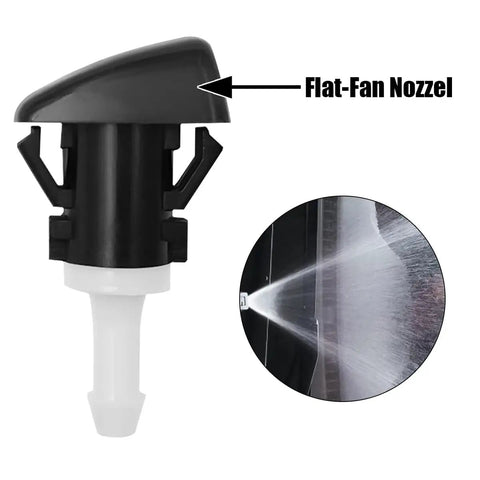 Two Piece Windshield Washer Nozzles Kit Replacement For Front Windshield Spray Heads Easy Install Plug And Play Fits Many Dodge And Jeep Models Including Charger Journey Compass OEM 4805742AB White Durable showing flat-fan nozzle detail.