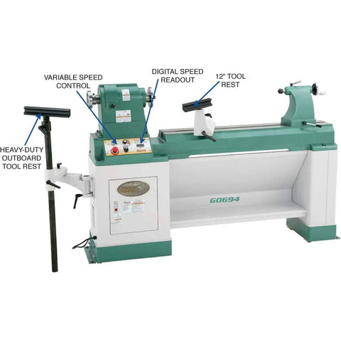 Heavy-Duty Variable-Speed Wood Lathe Workhorse With 3 HP 220V 3-Phase, 20 Inch Swing Over Bed, 24-7/8 Inch Gap, Banjo Base 16-1/4 Inch