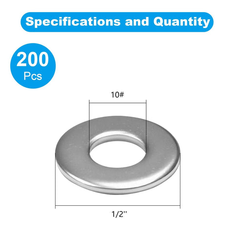 Flat washer, size 10#, outer diameter 1/2 in, 304 stainless steel, 200 pcs