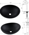 Oval Black Vessel Sink With Faucet And Drain Combo 16 By 13 Ceramic Bathroom Sink Above Counter Vessel Oval Porcelain Lavatory Vanity Art Basin Set Sleek Modern Design For Stylish Master Bath Or Powder Room, dimensions view