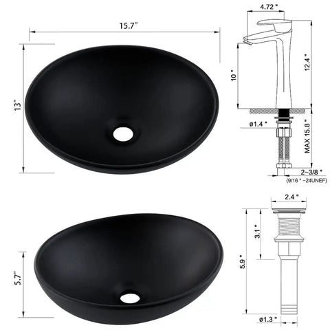 Oval Black Vessel Sink With Faucet And Drain Combo 16 By 13 Ceramic Bathroom Sink Above Counter Vessel Oval Porcelain Lavatory Vanity Art Basin Set Sleek Modern Design For Stylish Master Bath Or Powder Room, dimensions view