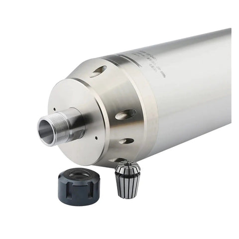 4.5KW CNC Spindle Motor For Milling Machines, Water Cooled 220V to 380V, 100MM ER20, shown with collet and cap, four bearings visible