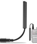 Long Range Dual Band Ham Radio Antenna SMA-Female 144 430 MHz Foldable Gooseneck Whip For Baofeng UV-5R shown connected to a radio