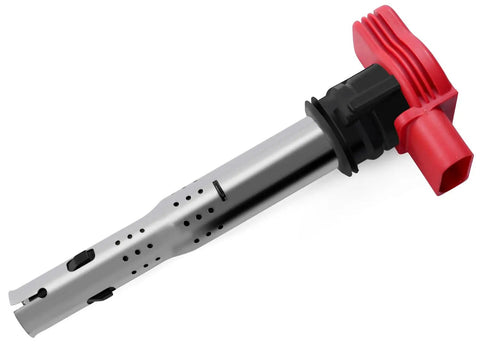 Ignition Coil Packs And Iridium Spark Plugs Set Drop In For 2.0L L4 Engines Fits 2005-2018 Audi A3 A4 A5 A6 Q3 Q5 TT And 2006-2017 VW CC Eos GTI Golf Jetta Passat Tiguan UF529 4464 Replacement, single ignition coil pack with red cap and metal body
