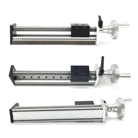 Premium Manual Linear Sliding Table Stage Featuring Top Shelf Precision Ball Screw Spindle adjusting 100 to 1000 millimeters, showcasing build and precision.