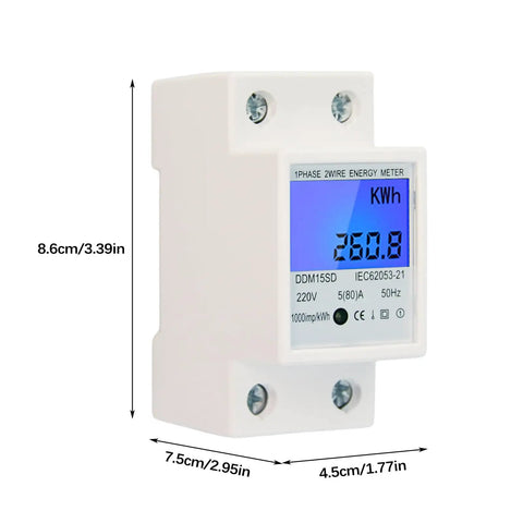 No Fuss Single Phase Energy Meter 5 To 80A DDM15SC With LCD Display and 2P LED DIN Rail Wattmeter