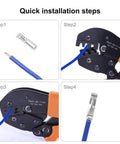 Ratcheting Crimping Tool Kit For 15A 30A 45A Connectors quick installation steps with blue wire and metal terminal