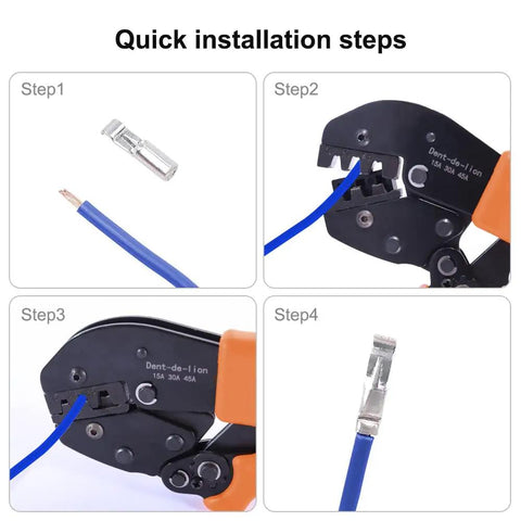 Ratcheting Crimping Tool Kit For 15A 30A 45A Connectors quick installation steps with blue wire and metal terminal