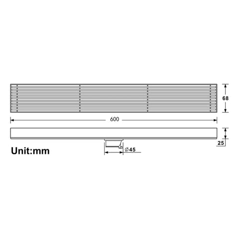 Dimensions of Real Deal Linear Shower Drain In Toughened Stainless Steel With Removable Hair Catcher Grate, 600mm x 68mm.