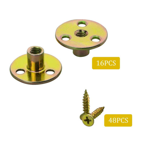 Heavy Duty 64 Pack 3/8 Inch Tee T Nuts With Round Flange Base And Mounting Screws Corrosion Resistant Hardware for Furniture Assembly, includes 16 nuts.