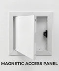 Top Tier Aluminum Access Panel For Drywall Featuring No Sweat Push To Open Flush Mount Latch Built For Paintable Wall And Ceiling Plumbing Electrical Repairs Runs Smooth In White 18X32 Size Looking Sharp, showing open flush mount door.