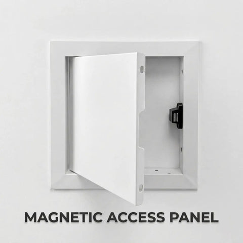 Top Tier Aluminum Access Panel For Drywall Featuring No Sweat Push To Open Flush Mount Latch Built For Paintable Wall And Ceiling Plumbing Electrical Repairs Runs Smooth In White 18X32 Size Looking Sharp, showing open flush mount door.