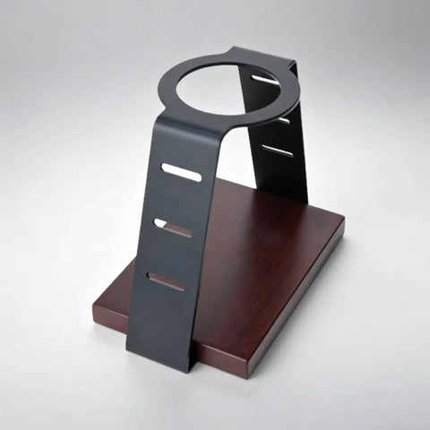 Straight Up Solid Coffee Stand And Dripper Holder Built With Heavy Duty Carbon Steel And Wooden Pedestal Base For Clean Manual Brew Organization That Stays Crisp, showing black carbon steel stand on wooden base.