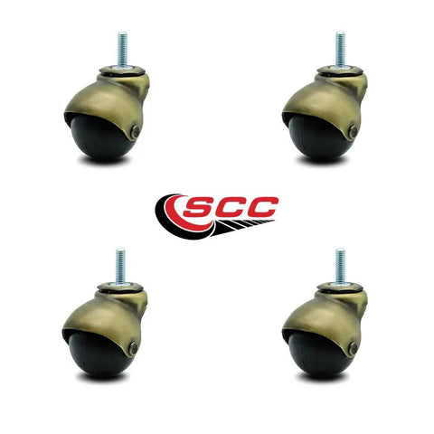 Rock Solid 2 Inch Swivel Ball Caster Wheels For Smooth Furniture Gliding With Killer Antique Brass Hood Finish And 5/16 Threaded Stem That Handles 300 Lbs Easy Set Of 4 displayed from multiple angles.