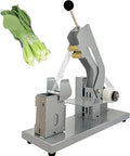 Semi Automatic Vegetable Strapping Machine For PE PVC Film Bundling Steel Build Adjustable Workbench Tightness Control, pictured with bundled greens.