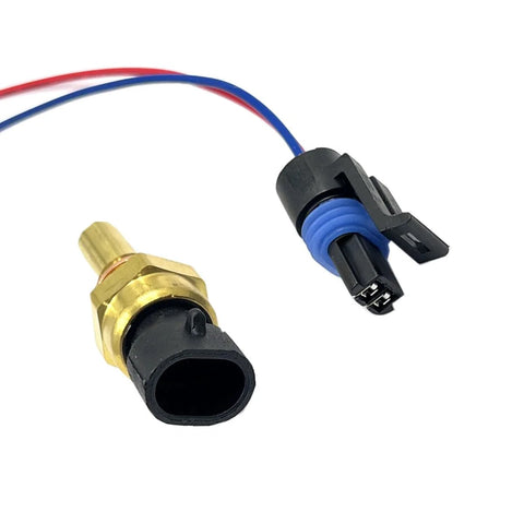 Close-up of FainWan engine coolant temperature sensor and pigtail connector; brass sensor body and blue/black plug.